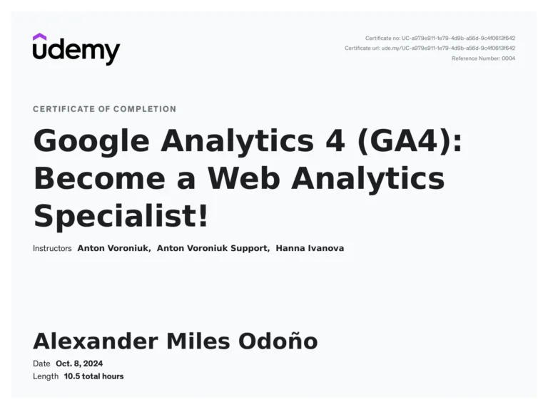 Certificate: Google Analytics 4 (GA4): Web Analytics Specialist