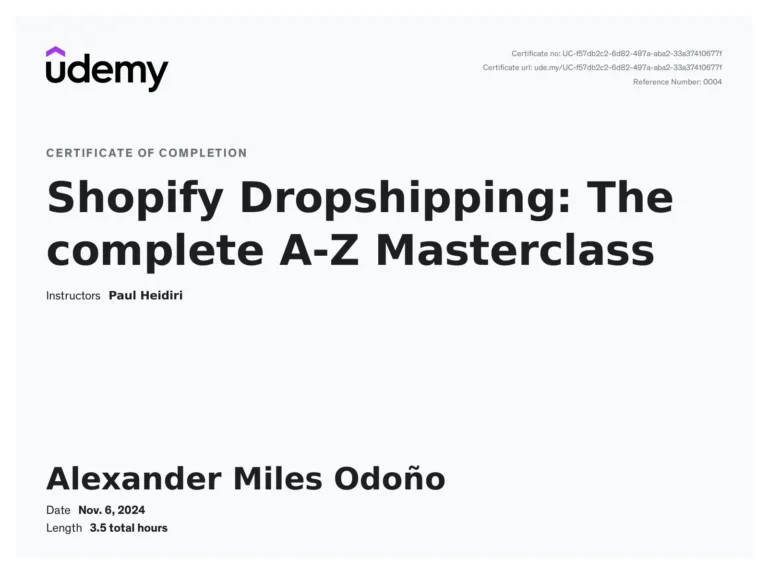 Certificate: Shopify Dropshipping: A–Z Masterclass