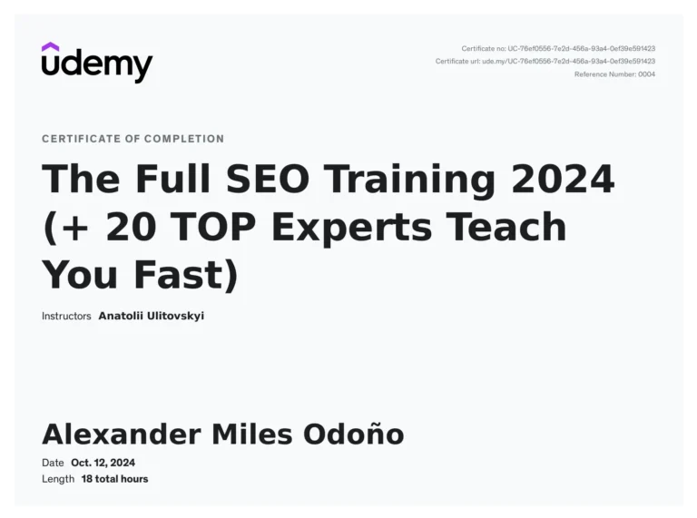 Certificate: UNmiss SEO Course: 20 Top World Experts