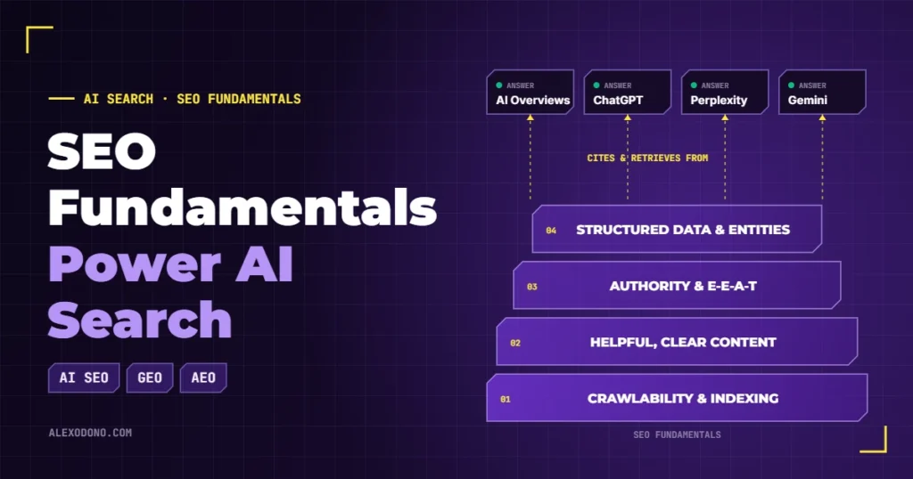 Diagram showing SEO fundamentals of crawlability, content, authority, and structured data supporting AI search platforms