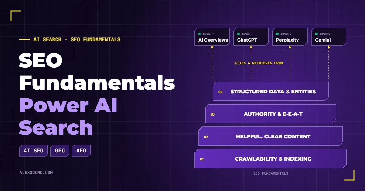 Diagram showing SEO fundamentals of crawlability, content, authority, and structured data supporting AI search platforms